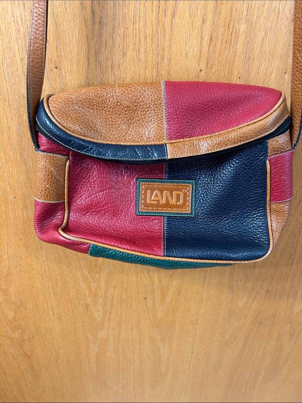 Vintage LAND Multicolor Patchwork Leather Crossbody Bag Red, Navy, Brown, Green